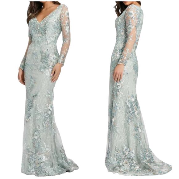 Mac Duggal NWT Embellished V-Neck Illusion Long Sleeve Gown Seamist Size 6 Blue - Picture 1 of 12